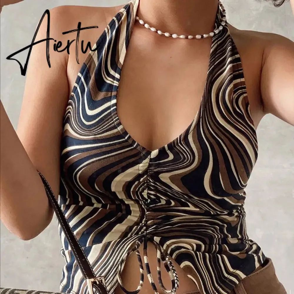 90s Y2K Brown Cami Tanks Ruched Tie Up Crop Top Women New Harajuku Cute Backless Tank Tops Sexy Halter Party Beachwear