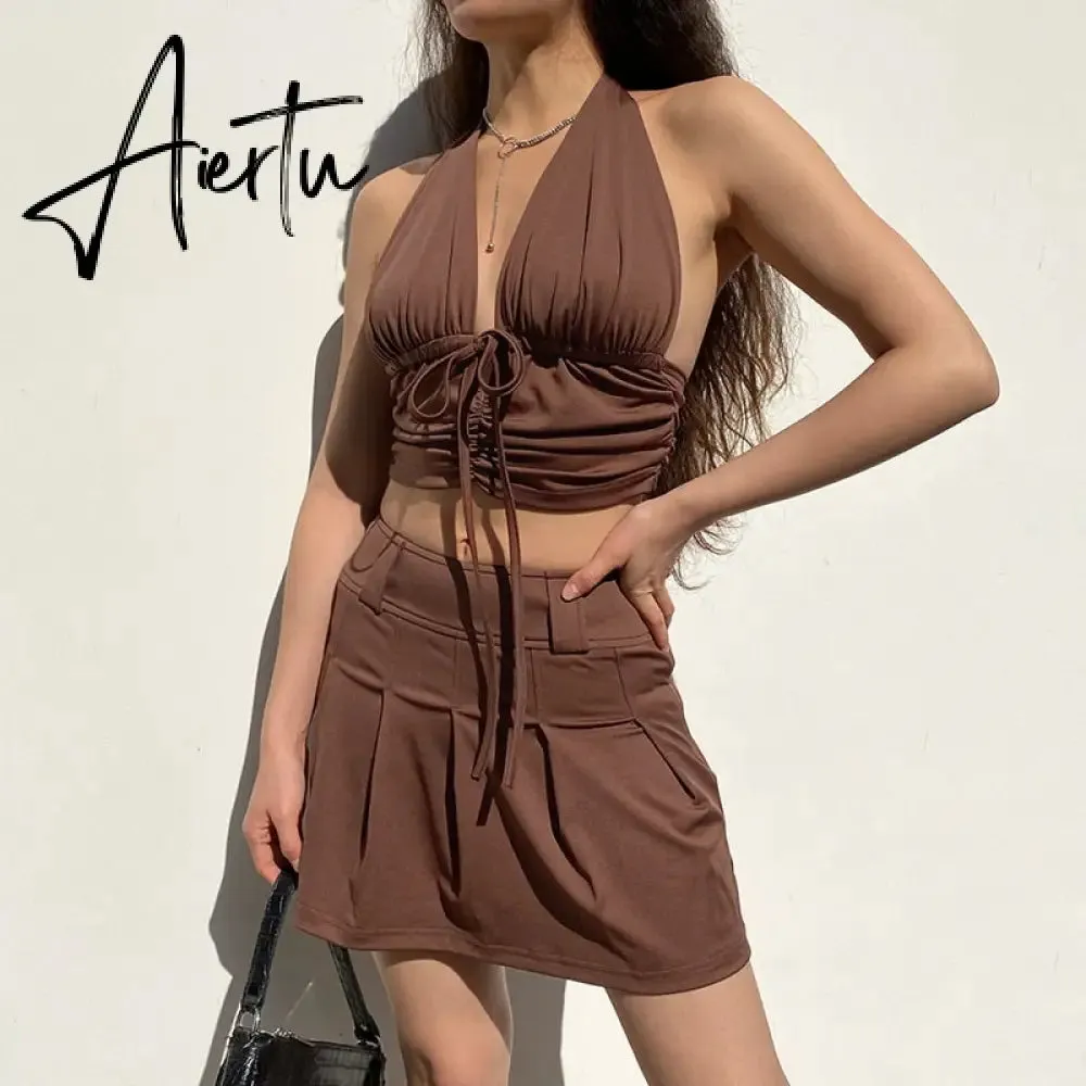 90s Y2K Brown Cami Tanks Ruched Tie Up Crop Top Women New Harajuku Cute Backless Tank Tops Sexy Halter Party Beachwear