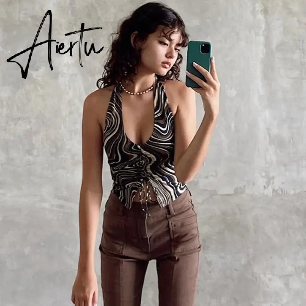 90s Y2K Brown Cami Tanks Ruched Tie Up Crop Top Women New Harajuku Cute Backless Tank Tops Sexy Halter Party Beachwear