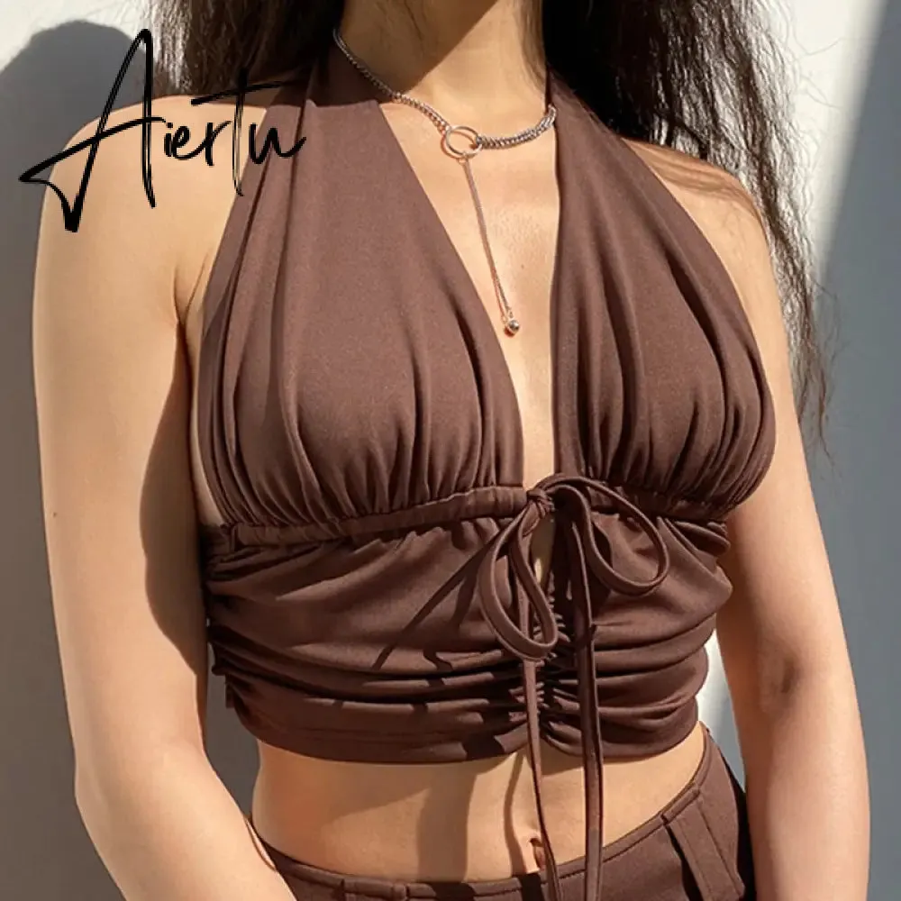 90s Y2K Brown Cami Tanks Ruched Tie Up Crop Top Women New Harajuku Cute Backless Tank Tops Sexy Halter Party Beachwear