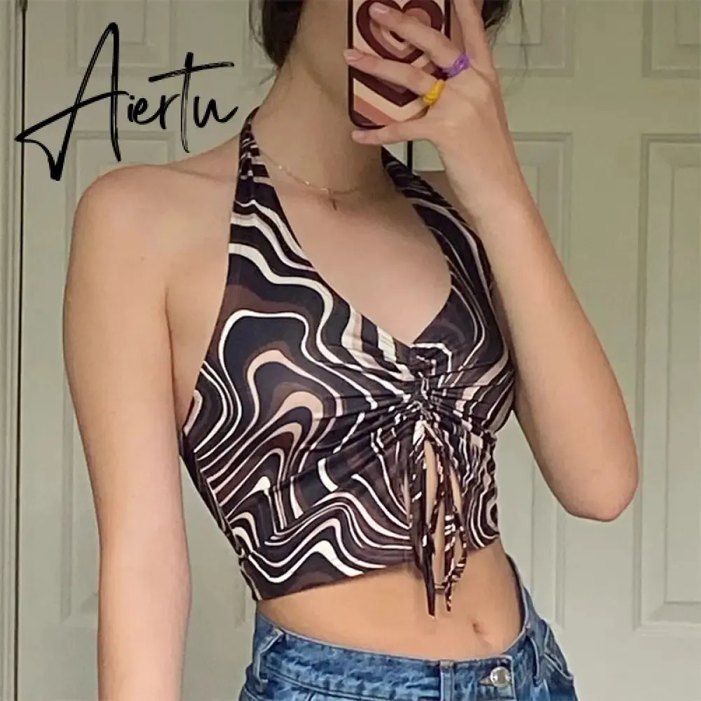 90s Y2K Brown Cami Tanks Ruched Tie Up Crop Top Women New Harajuku Cute Backless Tank Tops Sexy Halter Party Beachwear
