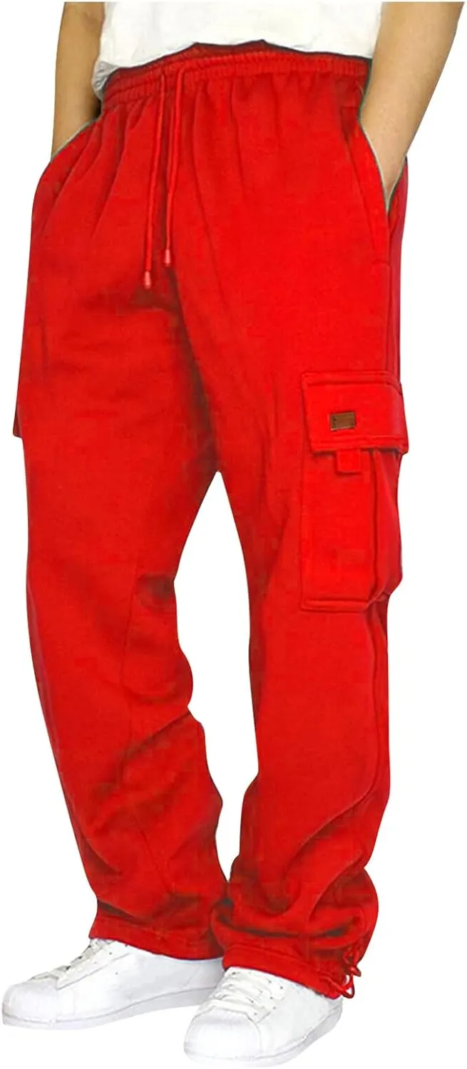 Baggy Cargo Pants Men Elastic Waist Open Bottom Sweatpants Loose Fit Lightweight Hiking Work Pants Multi Pockets