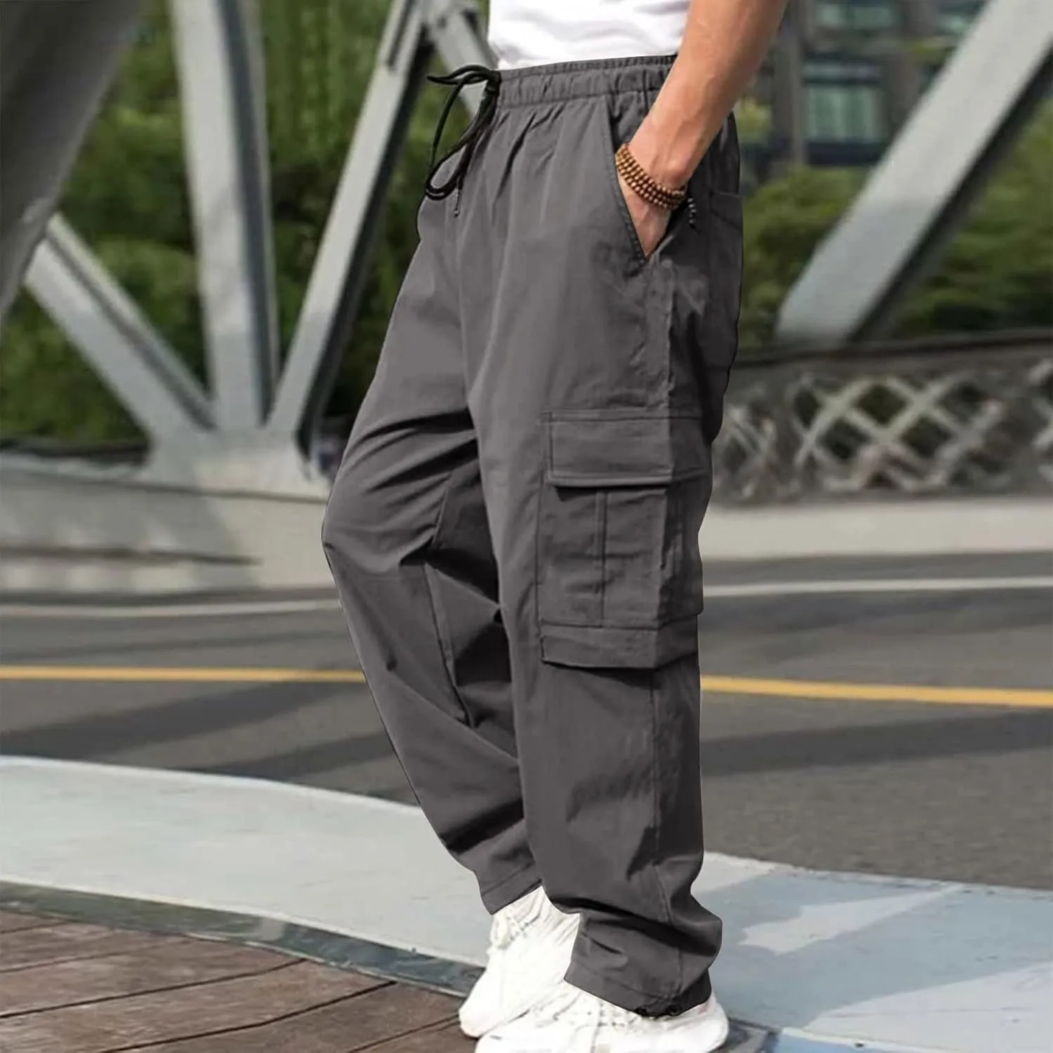 Baggy Cargo Sweatpants for Men Streetwear Oversized Joggers Drawstring Waist   Side Zipper Pockets Loose Fit Hip