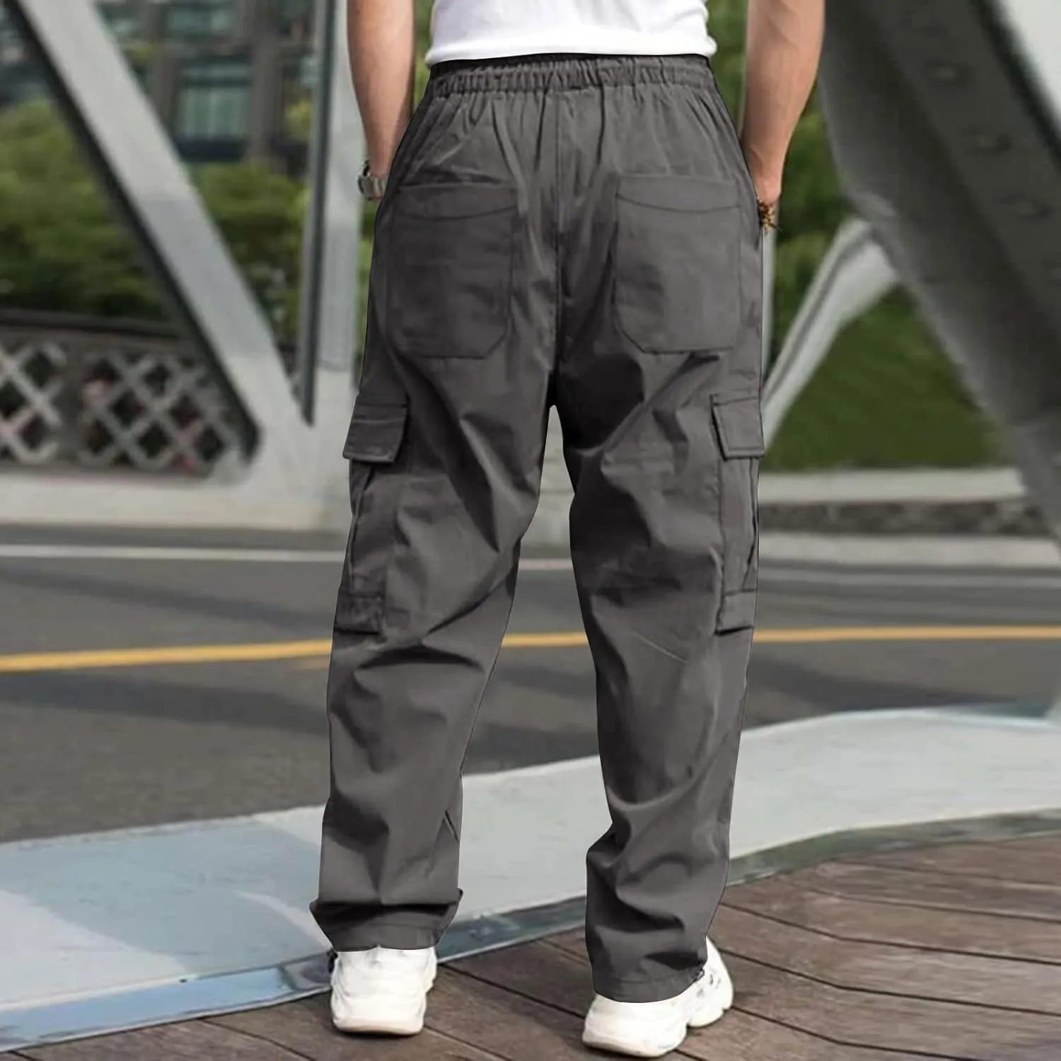 Baggy Cargo Sweatpants for Men Streetwear Oversized Joggers Drawstring Waist   Side Zipper Pockets Loose Fit Hip