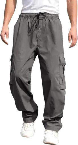Baggy Cargo Sweatpants for Men Streetwear Oversized Joggers Drawstring Waist   Side Zipper Pockets Loose Fit Hip