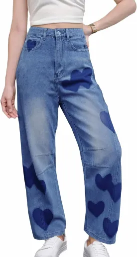 Baggy Jeans for Women Teen Girls High Waist Straight Ankle Leg Heart Print Y2K Boyfriend Jeans Trendy Loose 90s Mom Jeans
