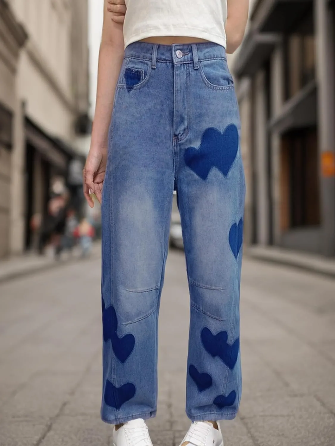 Baggy Jeans for Women Teen Girls High Waist Straight Ankle Leg Heart Print Y2K Boyfriend Jeans Trendy Loose 90s Mom Jeans