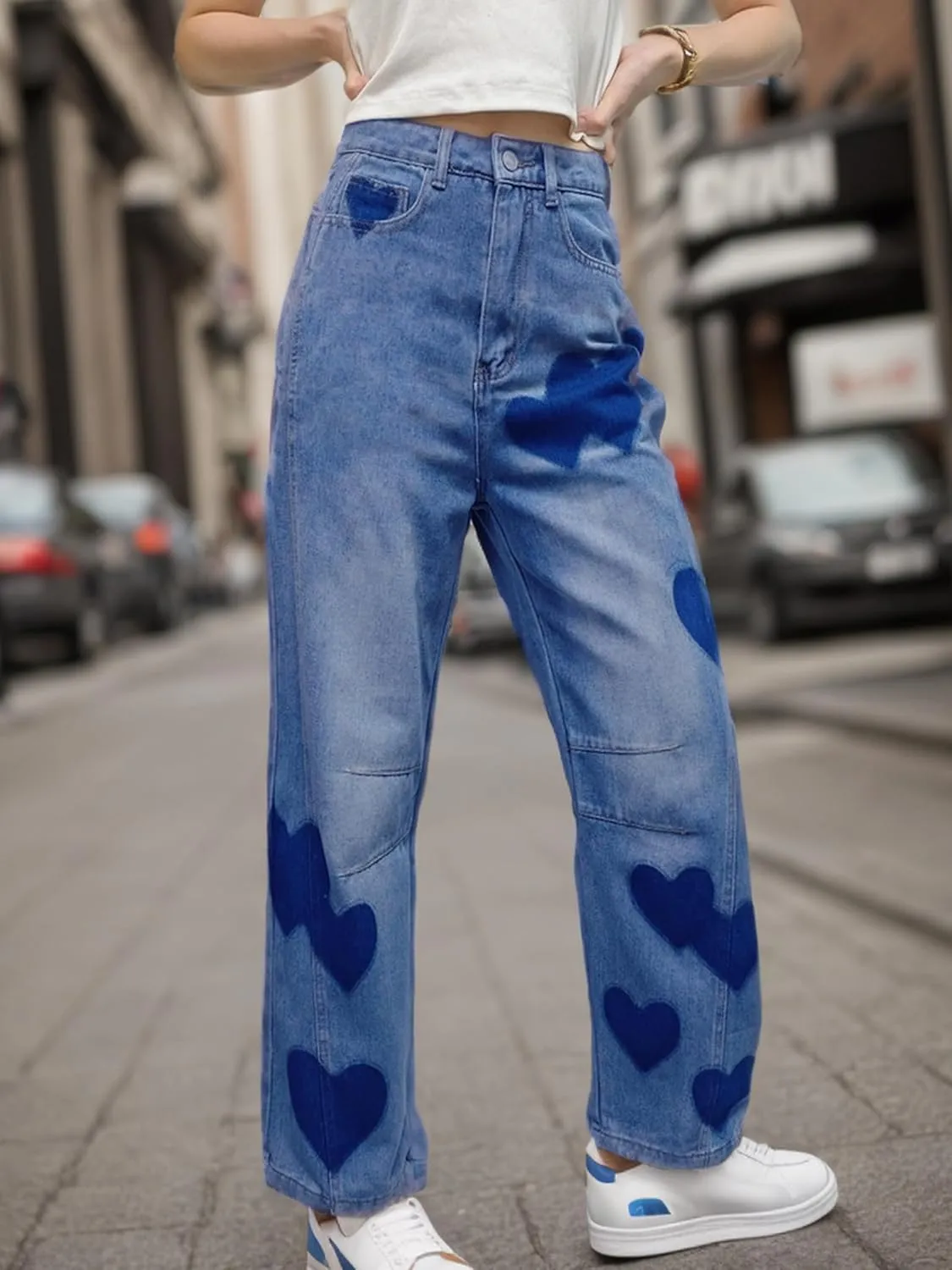 Baggy Jeans for Women Teen Girls High Waist Straight Ankle Leg Heart Print Y2K Boyfriend Jeans Trendy Loose 90s Mom Jeans