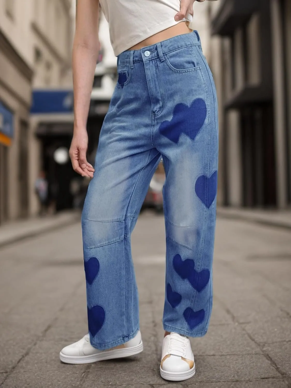 Baggy Jeans for Women Teen Girls High Waist Straight Ankle Leg Heart Print Y2K Boyfriend Jeans Trendy Loose 90s Mom Jeans