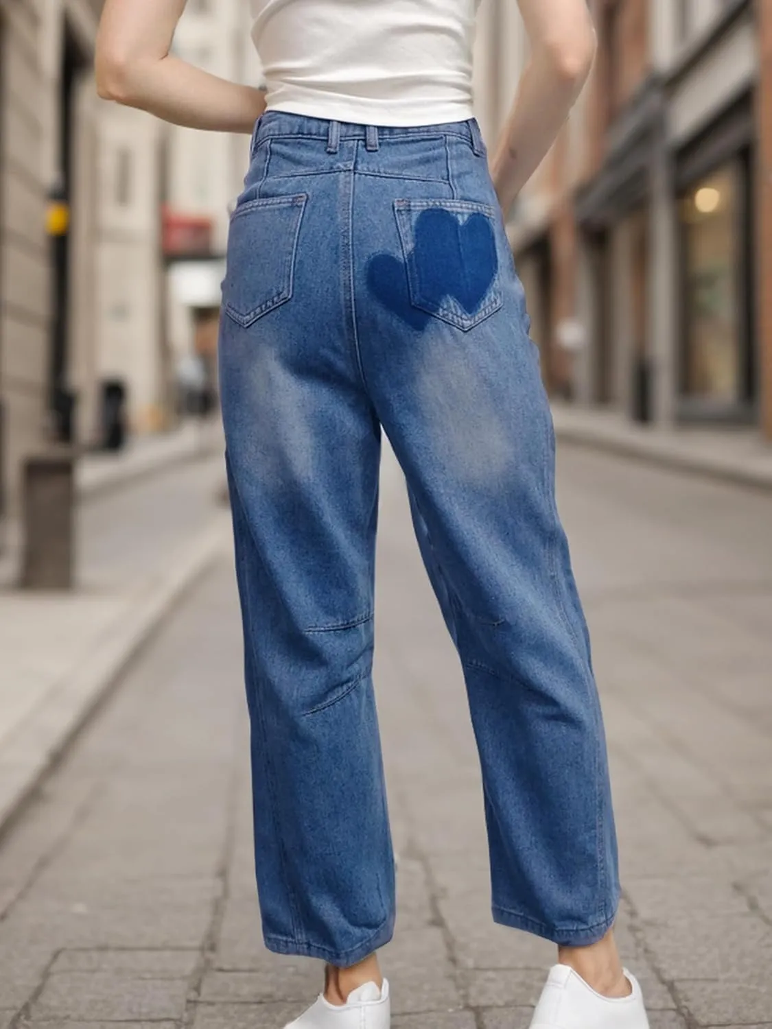 Baggy Jeans for Women Teen Girls High Waist Straight Ankle Leg Heart Print Y2K Boyfriend Jeans Trendy Loose 90s Mom Jeans