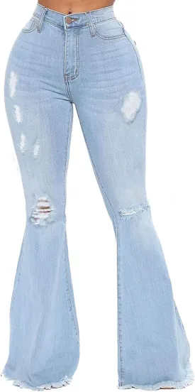 Bell Bottom Jeans for Women Vintage High Waisted Ripped Hole Raw Hem Denim Flare Jeans Pants