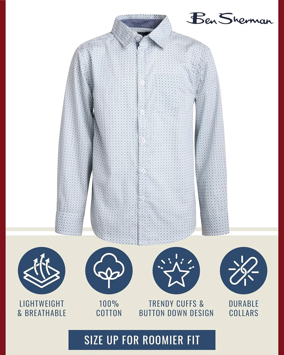 Ben Sherman Boys' Shirt - Casual Long Sleeve Button Down Collared Shirt  Button Down Shirt with Chest Pocket for Boys (8-18)