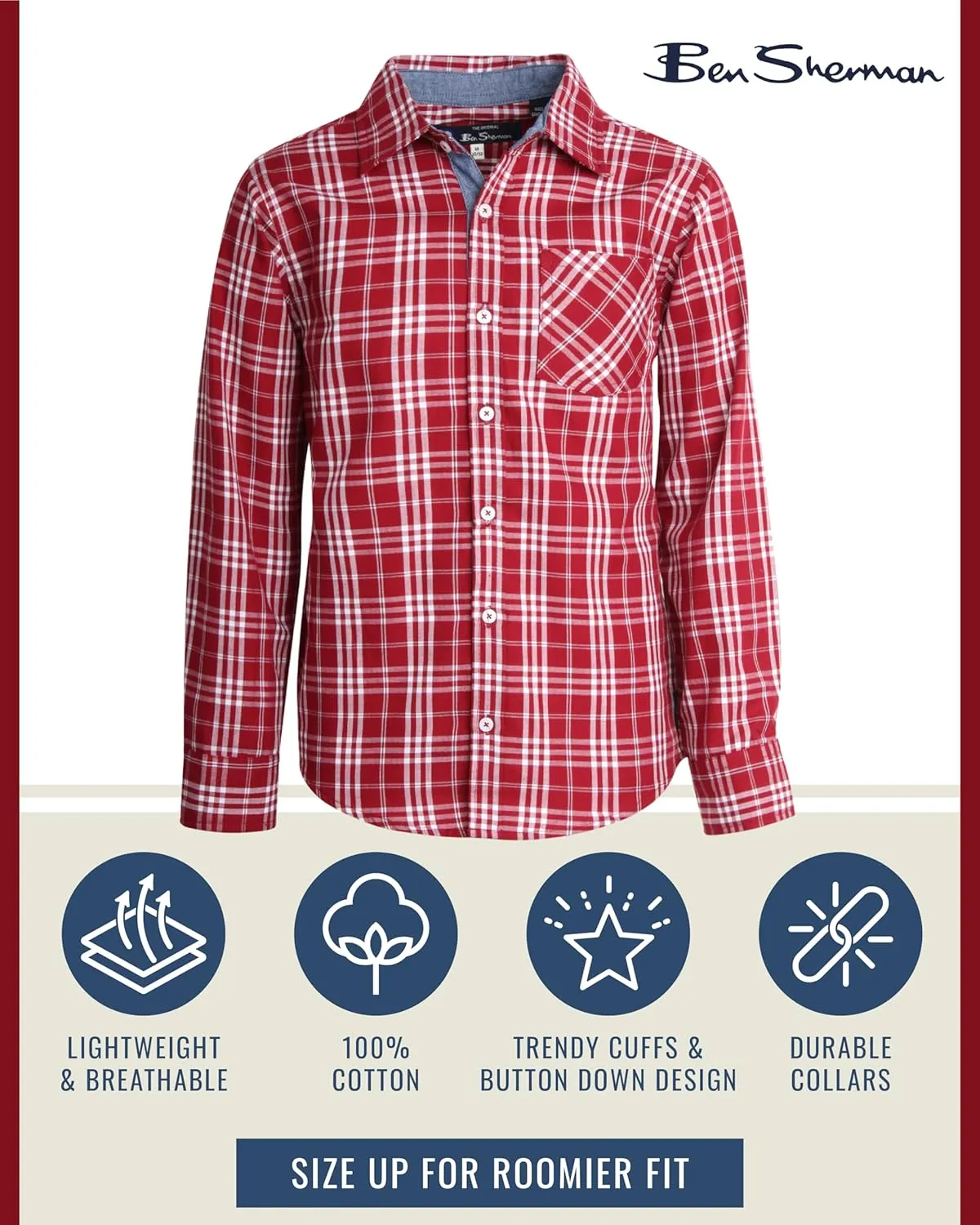 Ben Sherman Boys' Shirt - Casual Long Sleeve Button Down Collared Shirt  Button Down Shirt with Chest Pocket for Boys (8-18)