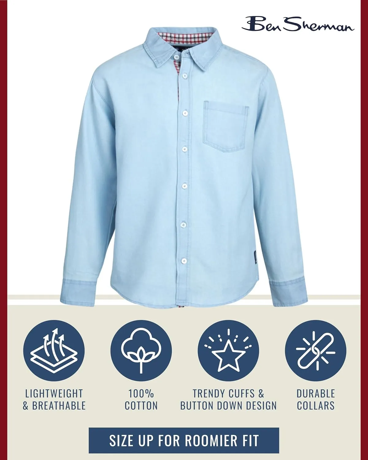Ben Sherman Boys' Shirt - Casual Long Sleeve Button Down Collared Shirt  Button Down Shirt with Chest Pocket for Boys (8-18)