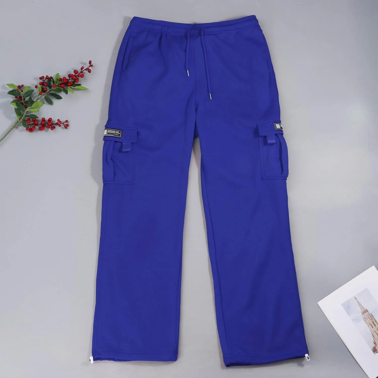 Cargo Sweatpants for Men Fleece Plus Size Hiking Joggers with Pockets Casual Open Bottom Baggy Athletic Pants