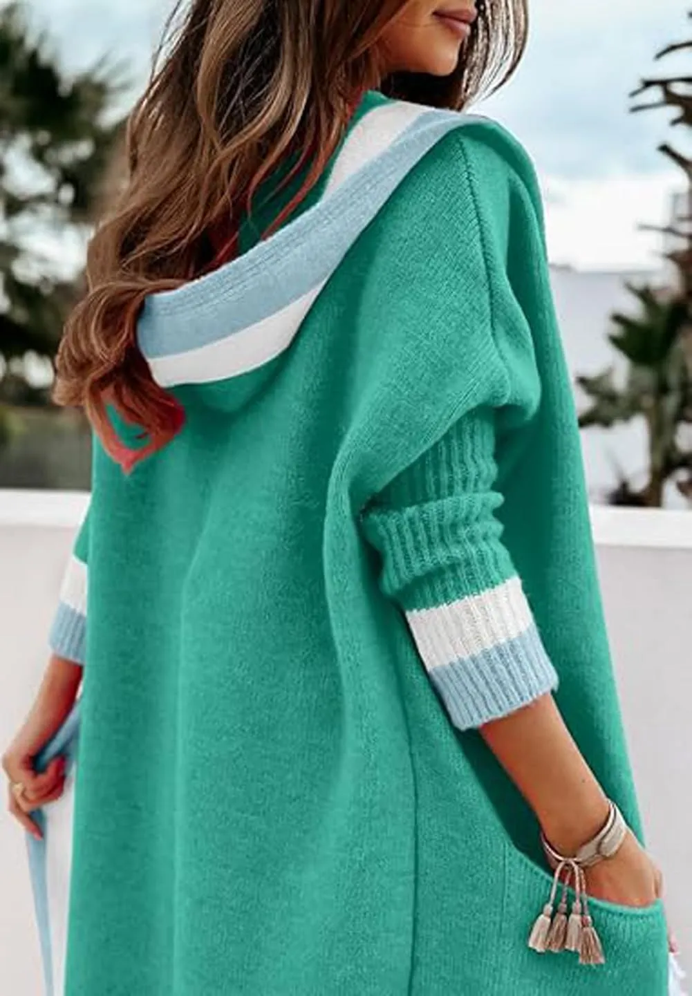 CHARTOU Hooded Long Knit Cardigan for Women Blcoked Color Long Sweatshirt Jacket Sweater