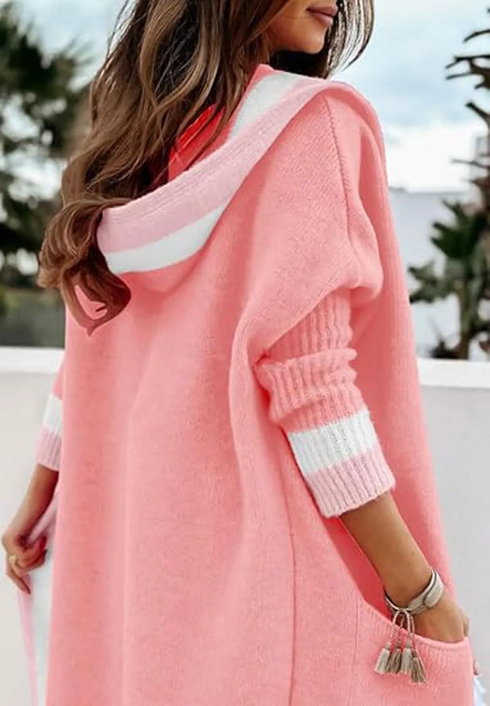 CHARTOU Hooded Long Knit Cardigan for Women Blcoked Color Long Sweatshirt Jacket Sweater