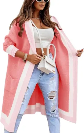 CHARTOU Hooded Long Knit Cardigan for Women Blcoked Color Long Sweatshirt Jacket Sweater