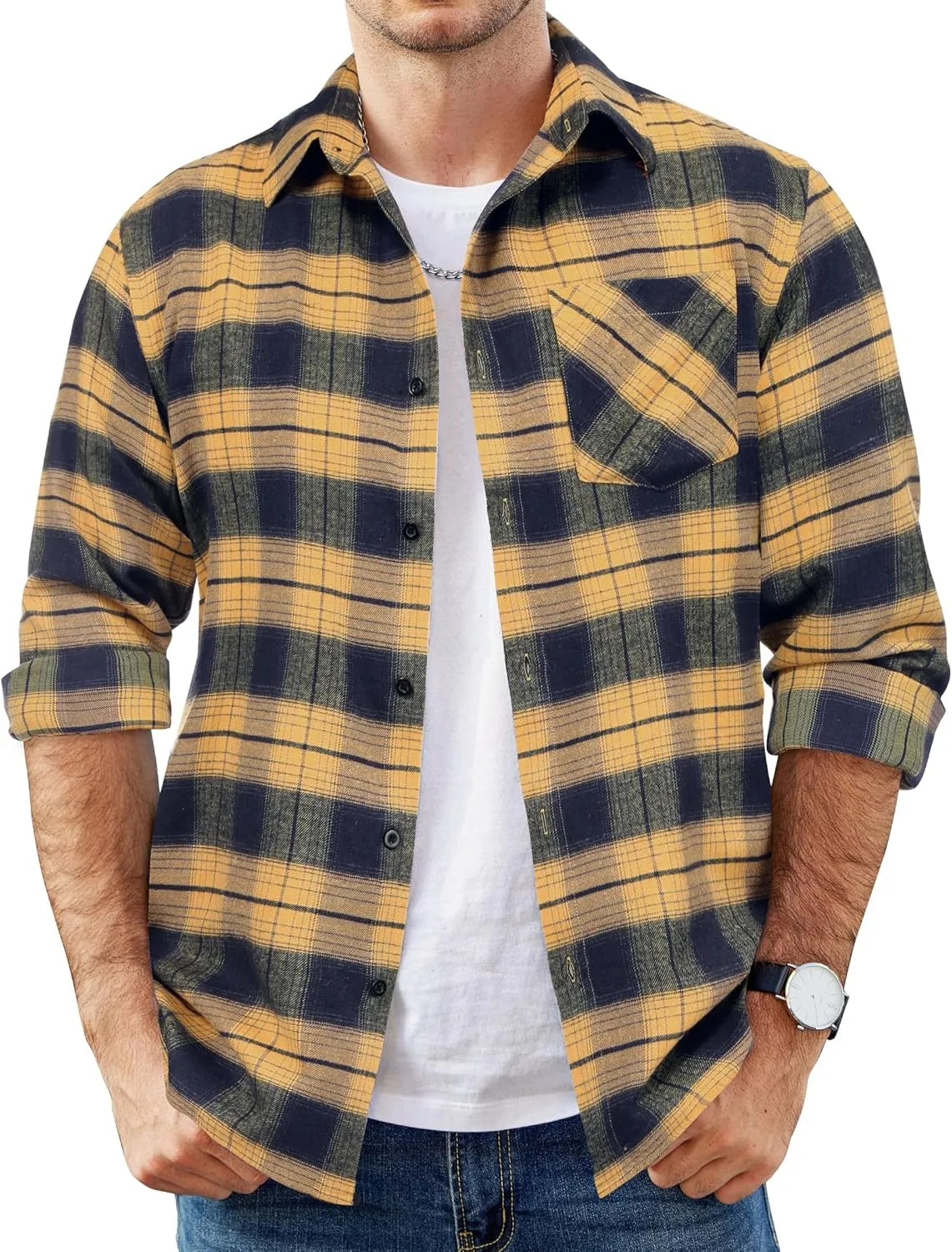 COOFANDY Men's Flannel Shirts Long Sleeve Button Down Plaid Shirt Lightweight Shirt Jacket