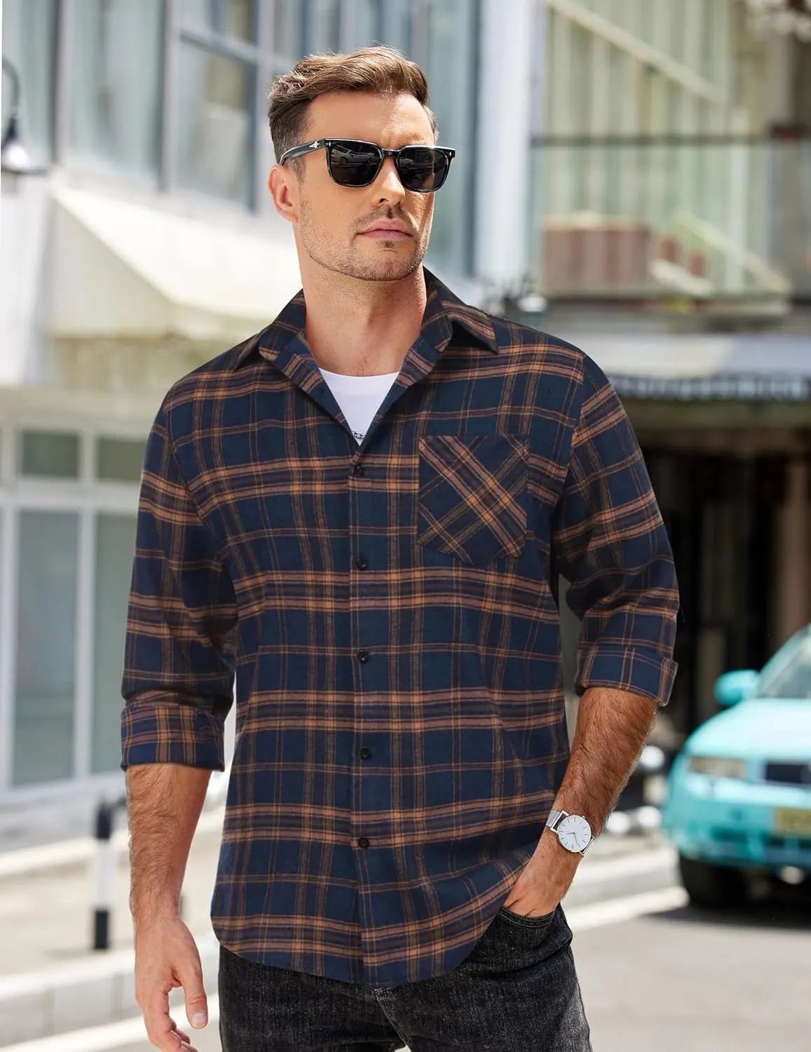 COOFANDY Men's Flannel Shirts Long Sleeve Button Down Plaid Shirt Lightweight Shirt Jacket