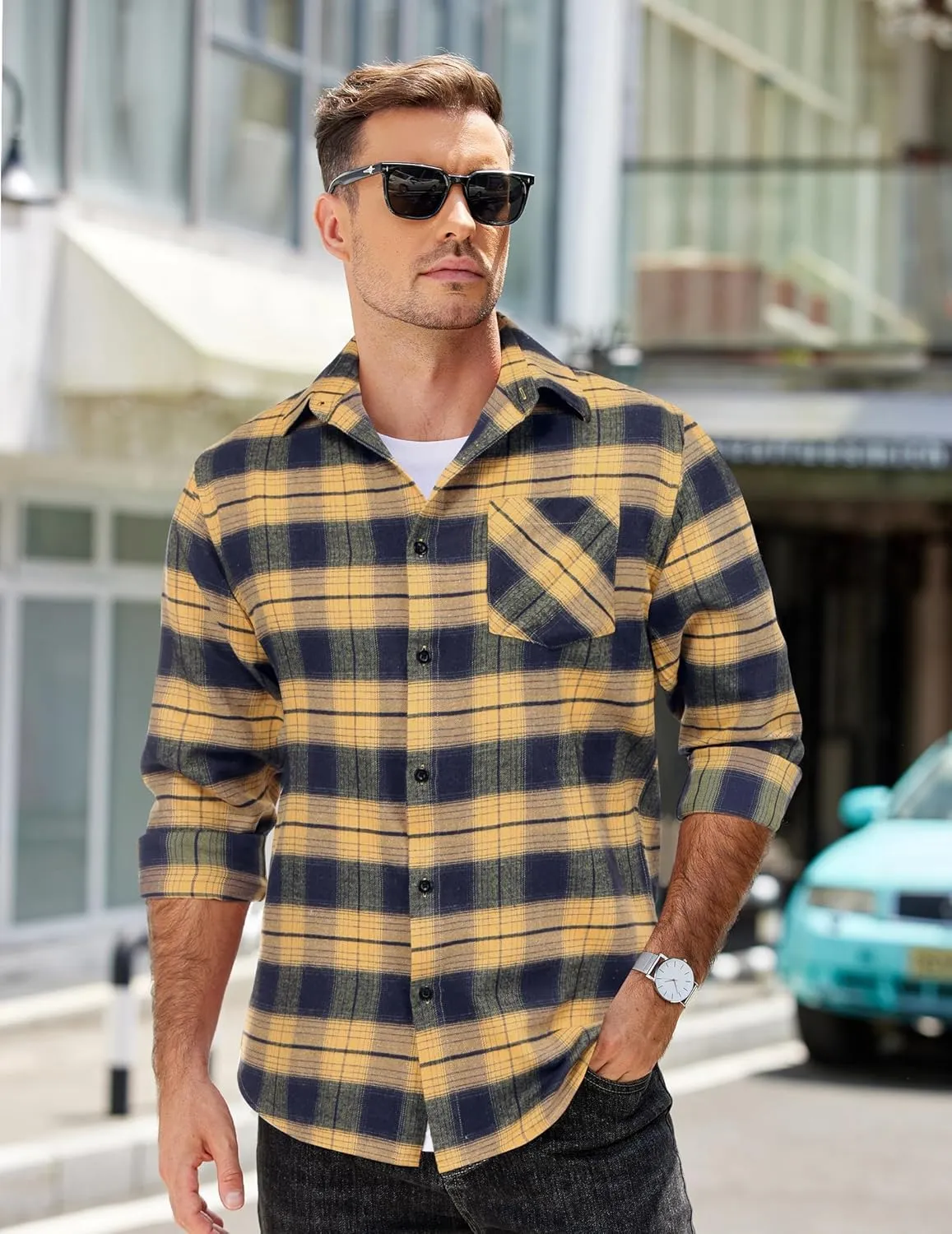 COOFANDY Men's Flannel Shirts Long Sleeve Button Down Plaid Shirt Lightweight Shirt Jacket