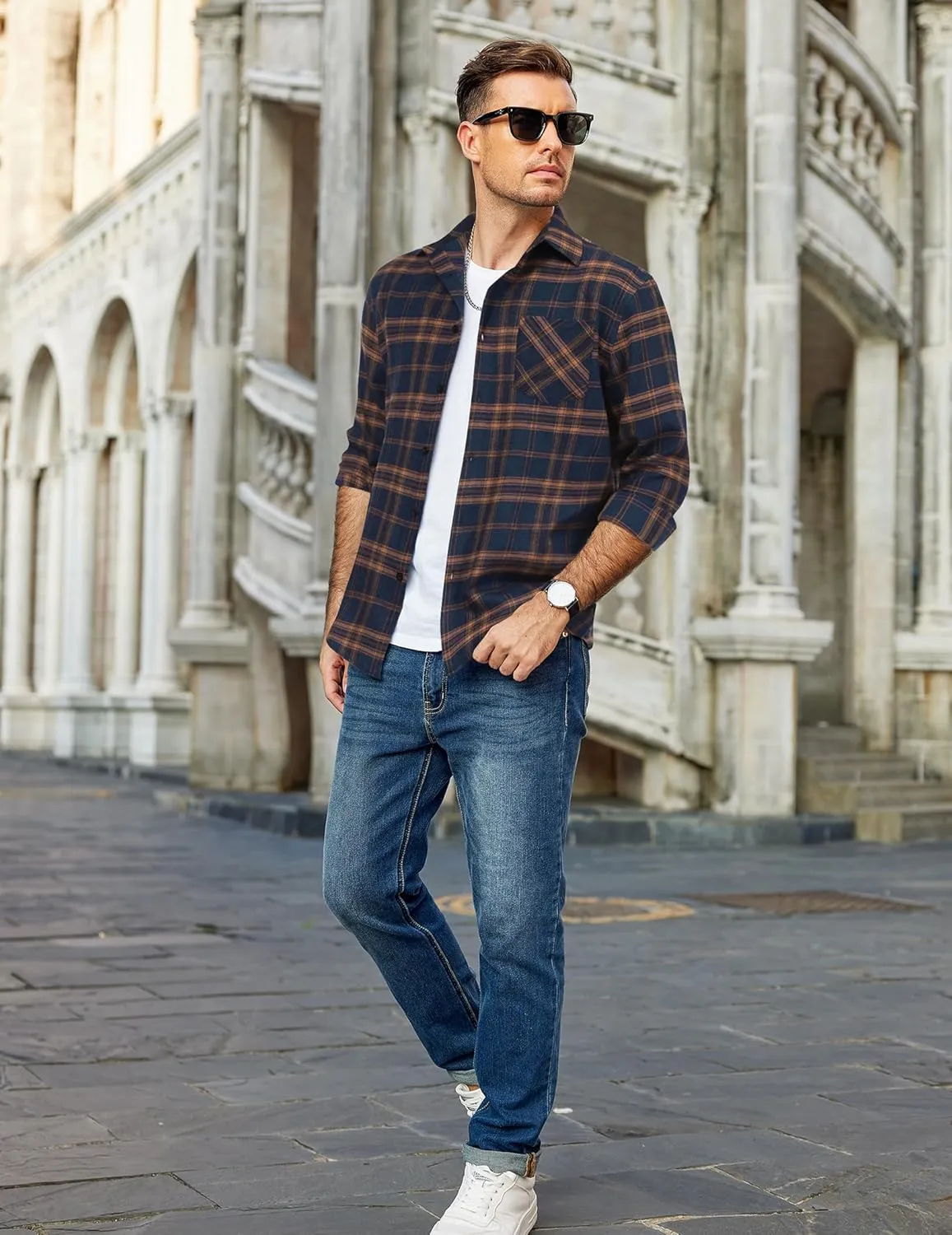 COOFANDY Men's Flannel Shirts Long Sleeve Button Down Plaid Shirt Lightweight Shirt Jacket