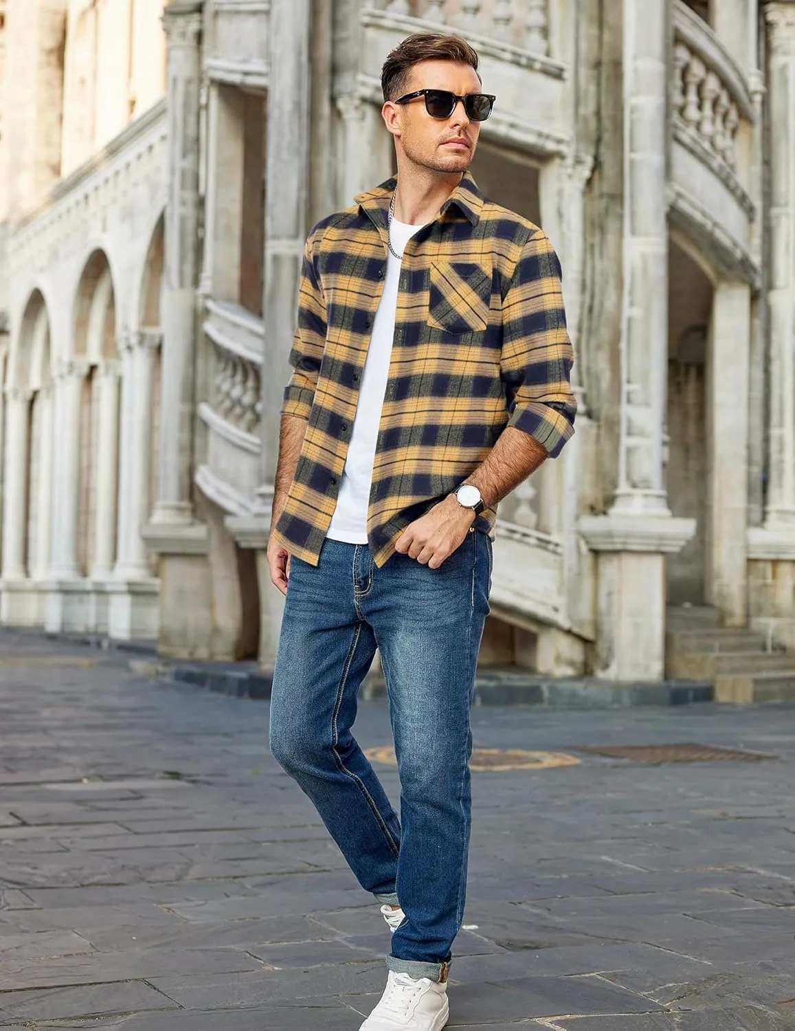 COOFANDY Men's Flannel Shirts Long Sleeve Button Down Plaid Shirt Lightweight Shirt Jacket