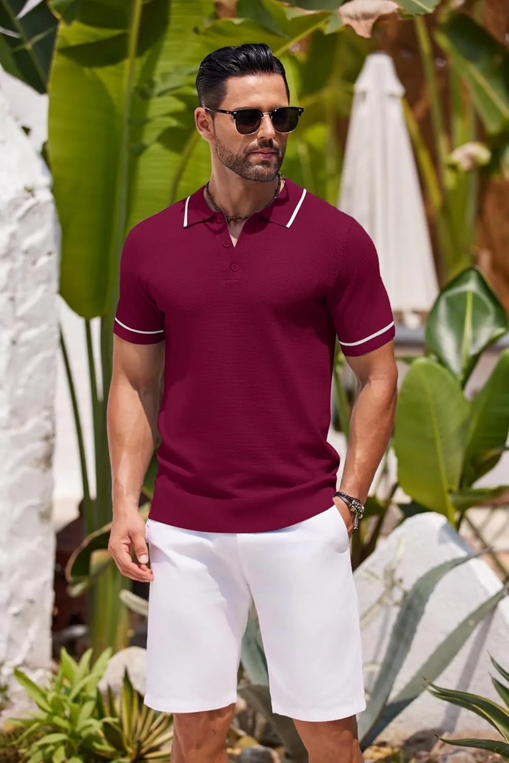 COOFANDY Men's Knit Polo Shirts Casual Short Sleeve Button Down Shirts Crochet Classic Golf Polo Collared Shirts