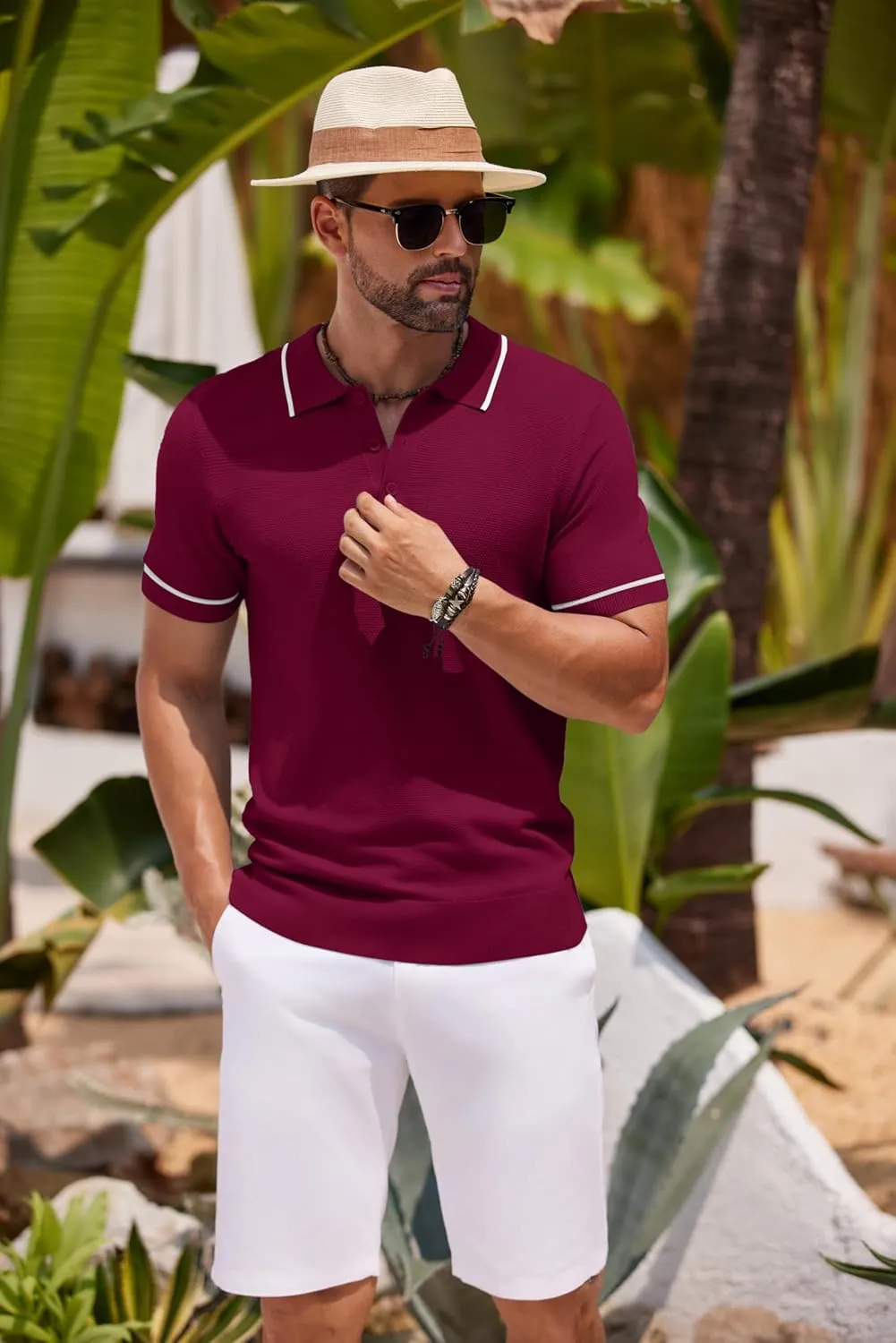 COOFANDY Men's Knit Polo Shirts Casual Short Sleeve Button Down Shirts Crochet Classic Golf Polo Collared Shirts