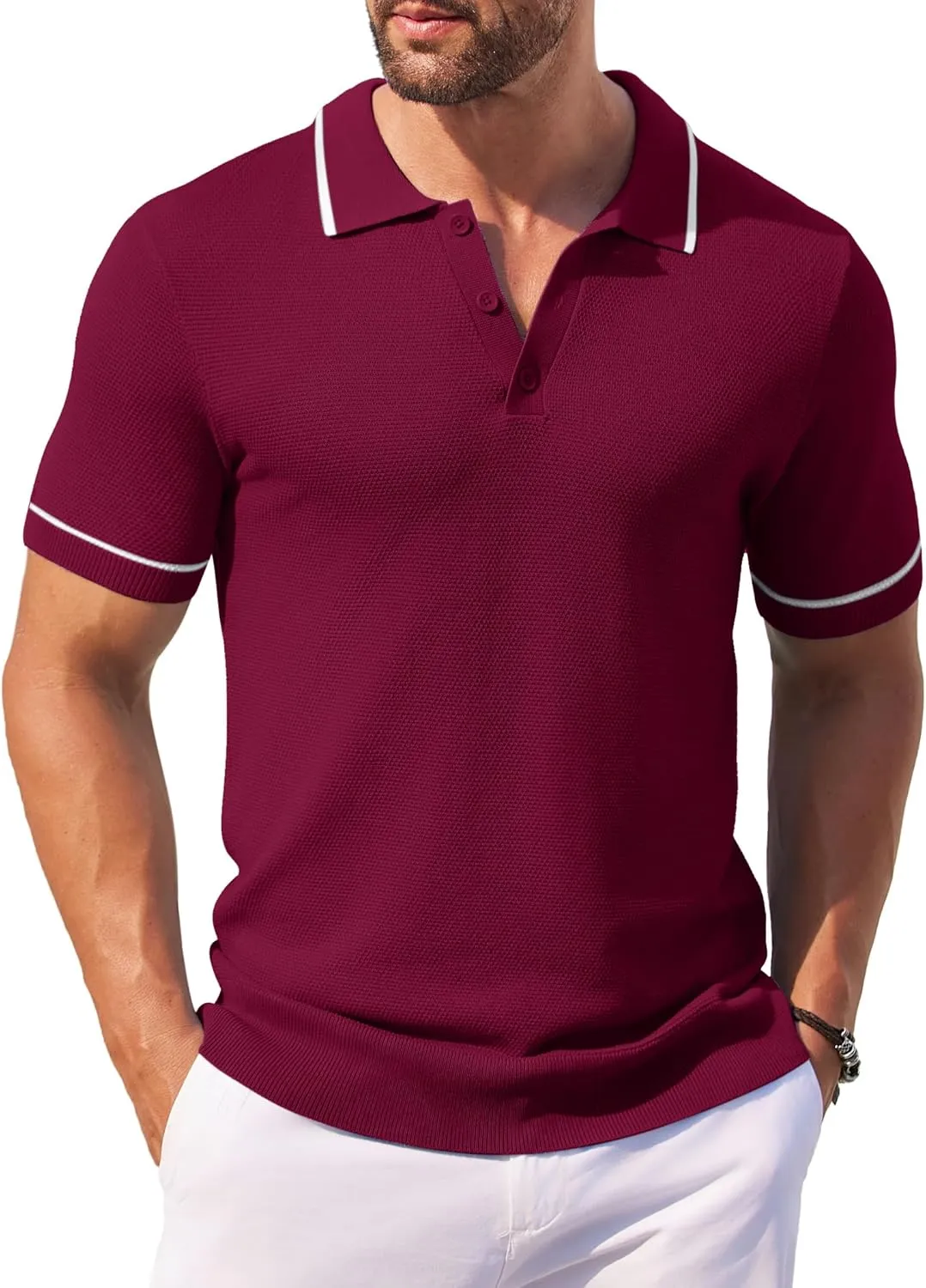 COOFANDY Men's Knit Polo Shirts Casual Short Sleeve Button Down Shirts Crochet Classic Golf Polo Collared Shirts