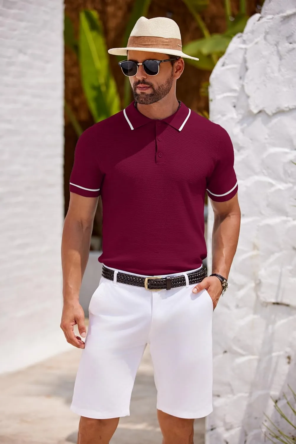 COOFANDY Men's Knit Polo Shirts Casual Short Sleeve Button Down Shirts Crochet Classic Golf Polo Collared Shirts
