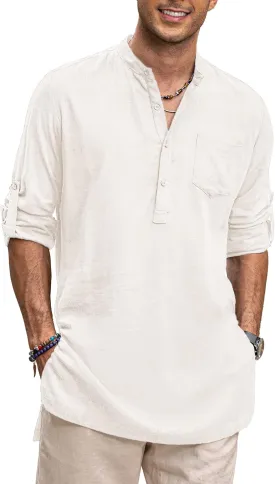 COOFANDY Men's Linen Henley Shirts Long Sleeve Collarless T-Shirts Longline Kurta Beach Shirts with Pocket