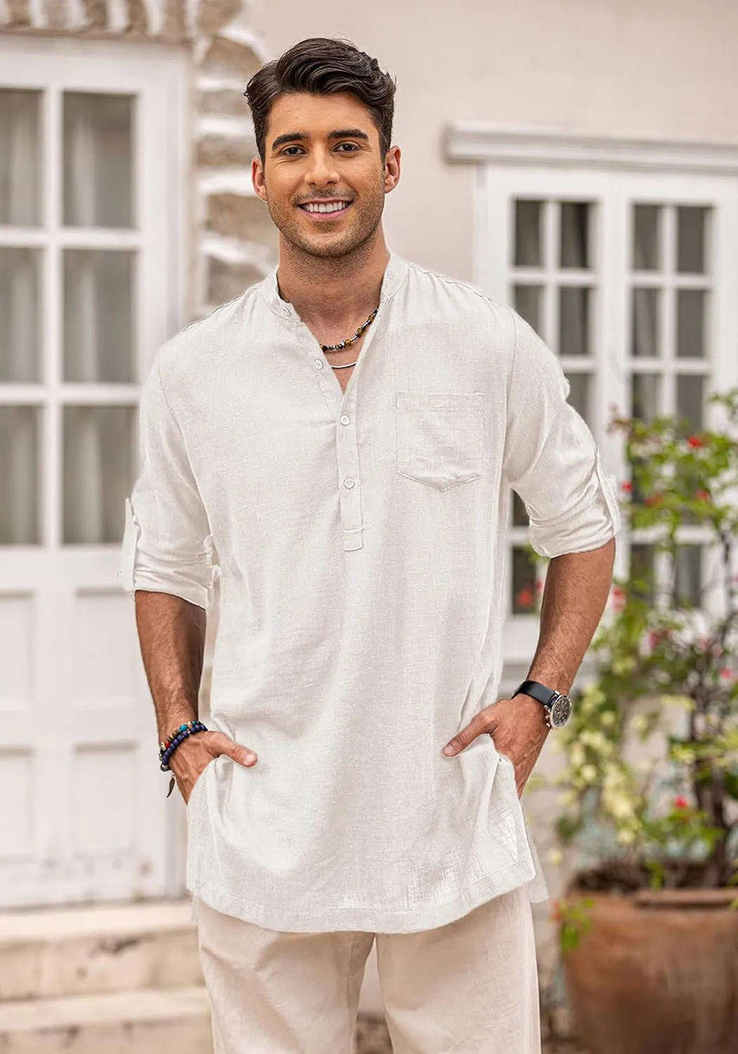 COOFANDY Men's Linen Henley Shirts Long Sleeve Collarless T-Shirts Longline Kurta Beach Shirts with Pocket