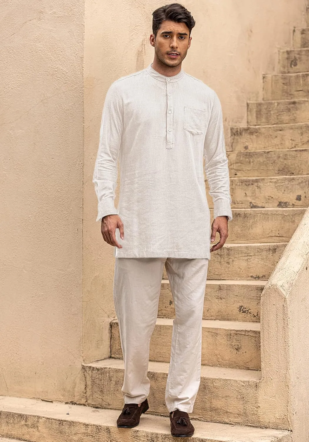 COOFANDY Men's Linen Henley Shirts Long Sleeve Collarless T-Shirts Longline Kurta Beach Shirts with Pocket