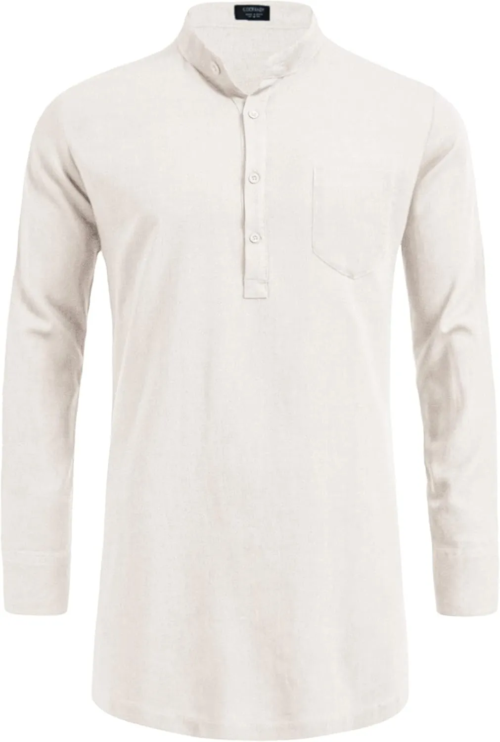 COOFANDY Men's Linen Henley Shirts Long Sleeve Collarless T-Shirts Longline Kurta Beach Shirts with Pocket