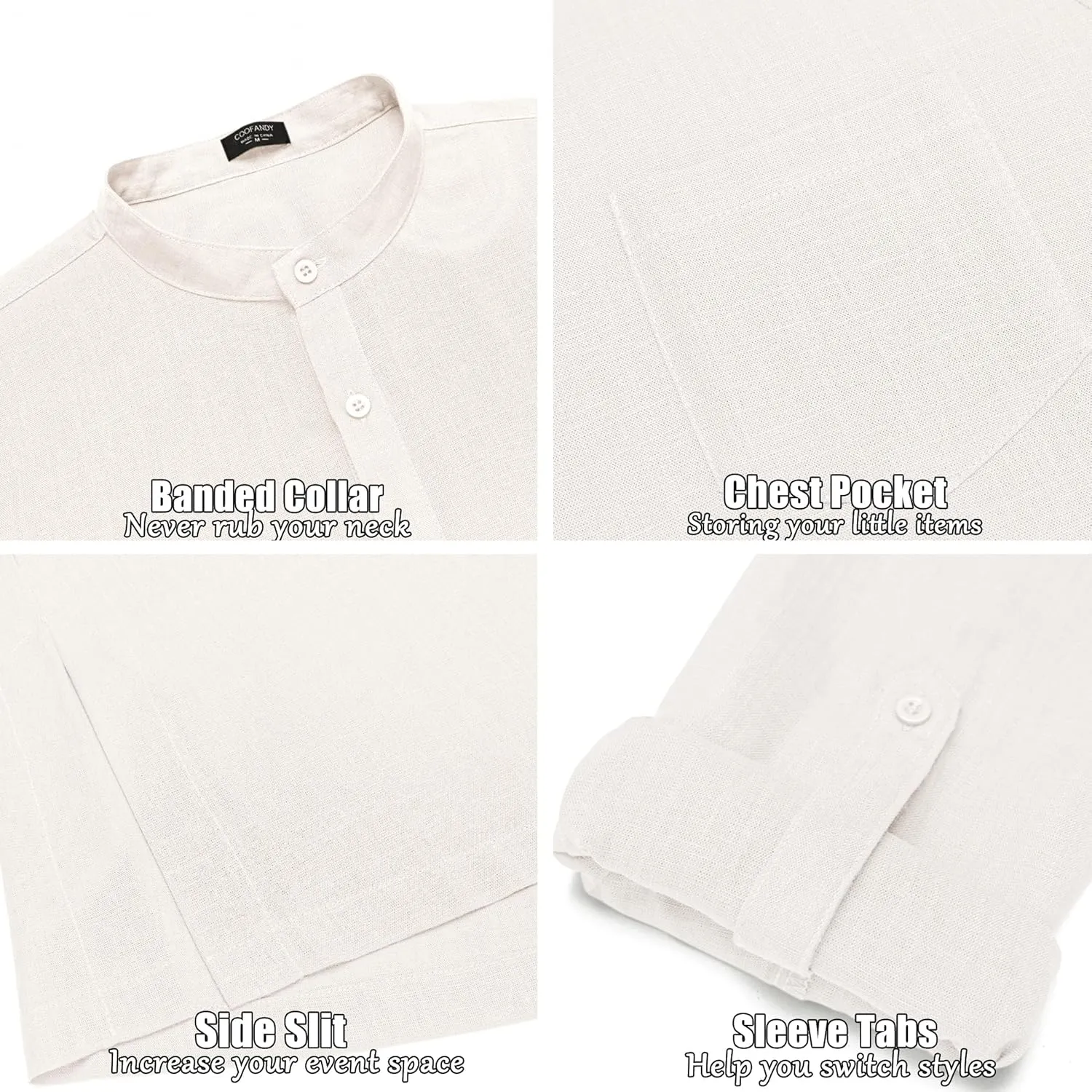 COOFANDY Men's Linen Henley Shirts Long Sleeve Collarless T-Shirts Longline Kurta Beach Shirts with Pocket