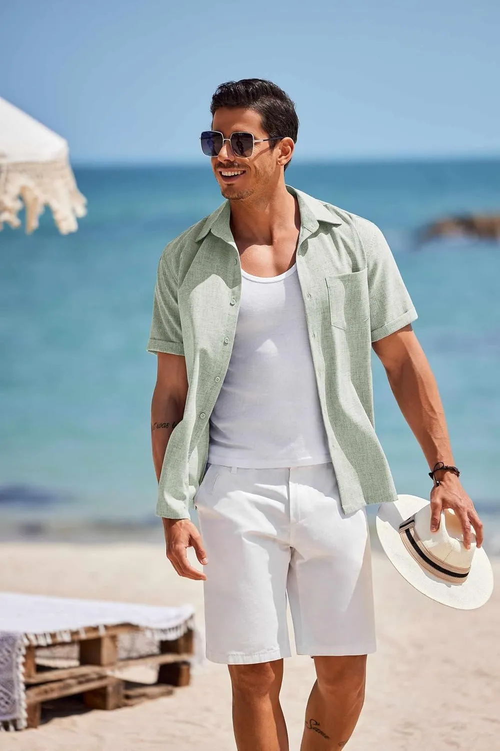 COOFANDY Men's Short Sleeve Button Down Shirt Casual Linen Shirts Summer Beach Vacation Shirt with Pocket