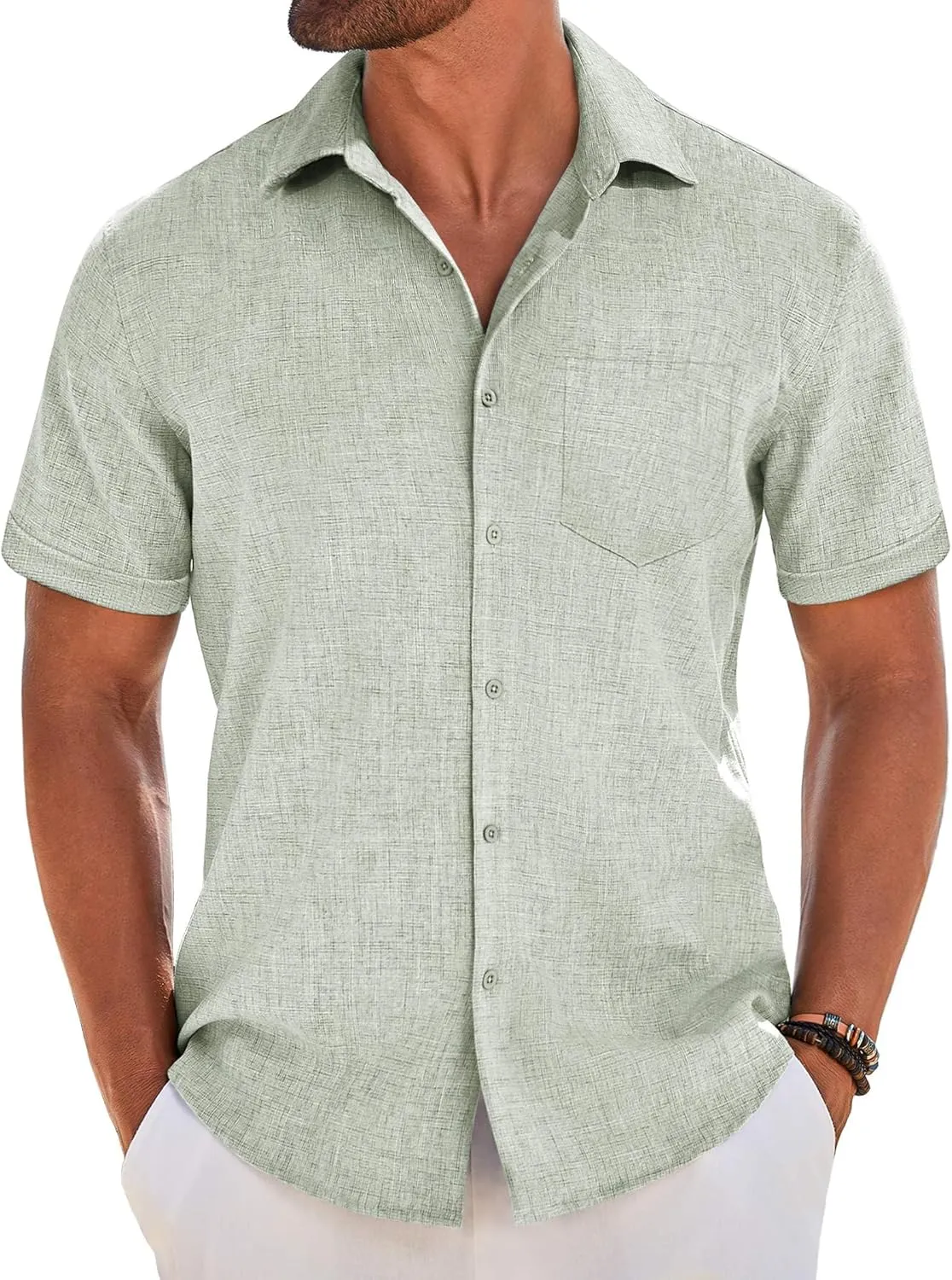 COOFANDY Men's Short Sleeve Button Down Shirt Casual Linen Shirts Summer Beach Vacation Shirt with Pocket