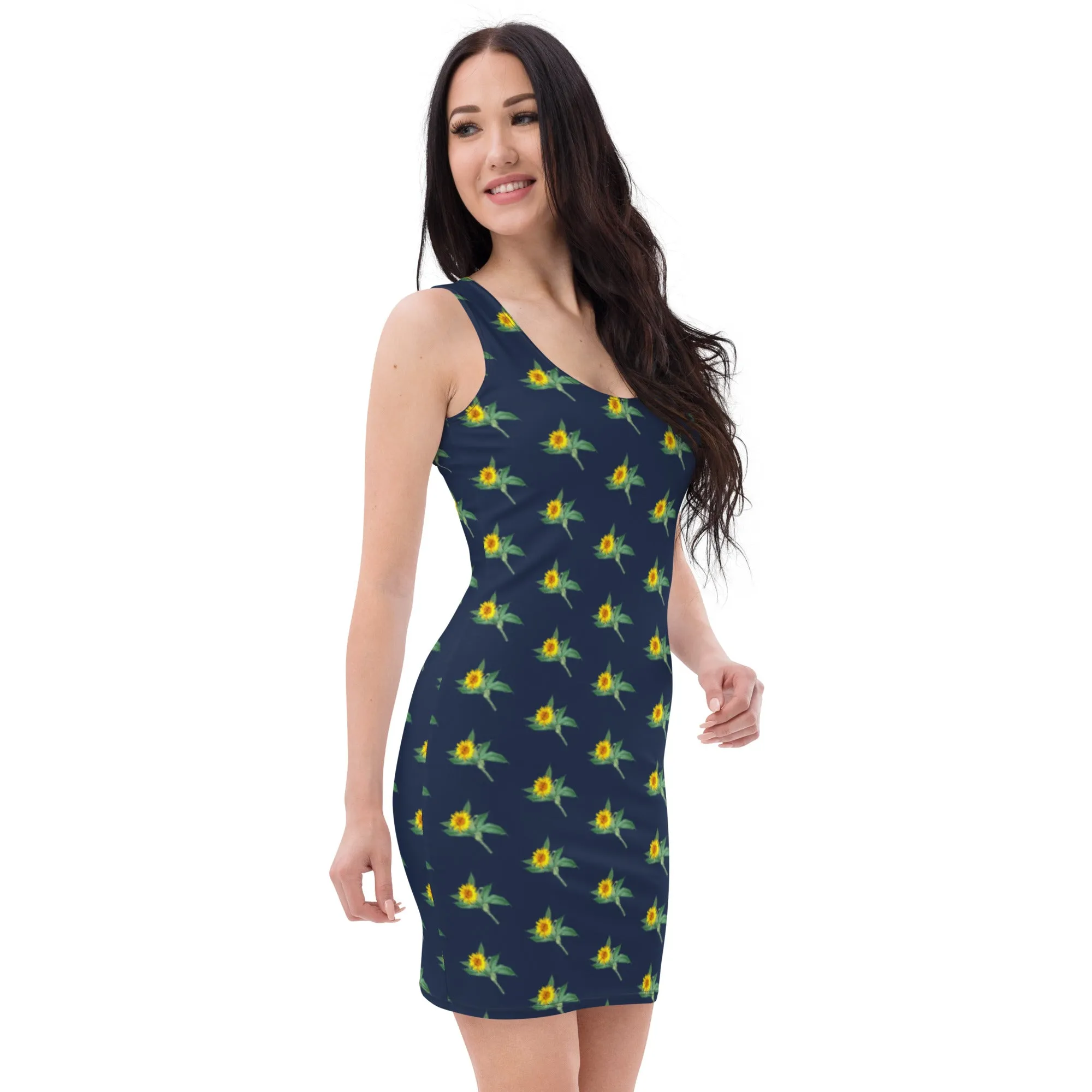 Dark Blue Sunflower Floral Dress, Sunflower Print Sleeveless Women's Dress - Made in USA/EU/MX