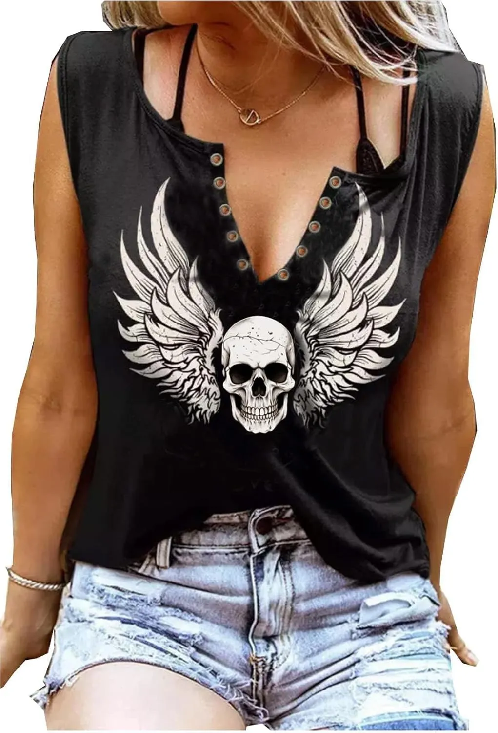 Fensajomon Skull Shirt for Women V Neck Lace Up Sleeveless Casual Summer Workout Yoga Tank Top