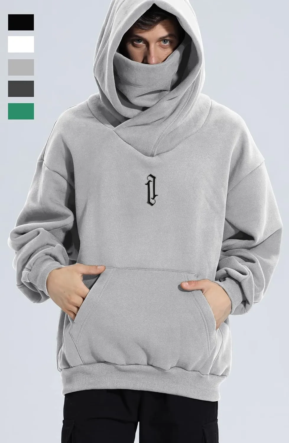 Fleece Hoodies for Men Cowl Neck Sweatshirts Casual Pullover Fall Winter Loose Fit Tops with Embroidery