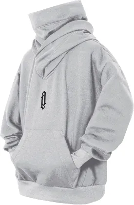 Fleece Hoodies for Men Cowl Neck Sweatshirts Casual Pullover Fall Winter Loose Fit Tops with Embroidery