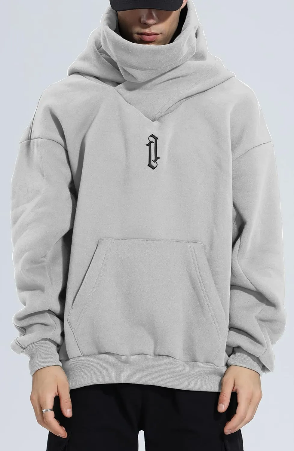 Fleece Hoodies for Men Cowl Neck Sweatshirts Casual Pullover Fall Winter Loose Fit Tops with Embroidery