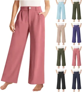 Girls School Uniform Long Pants Preppy Buttons High Waist Baggy Wide Leg Trousers Teen Formal Casual Dress Pants