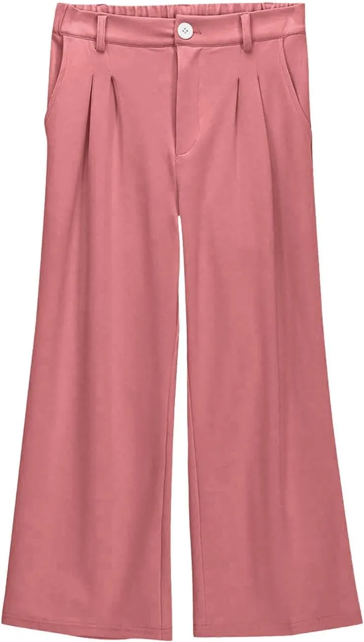 Girls School Uniform Long Pants Preppy Buttons High Waist Baggy Wide Leg Trousers Teen Formal Casual Dress Pants