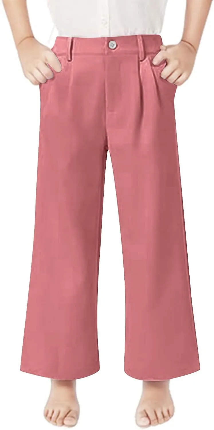 Girls School Uniform Long Pants Preppy Buttons High Waist Baggy Wide Leg Trousers Teen Formal Casual Dress Pants