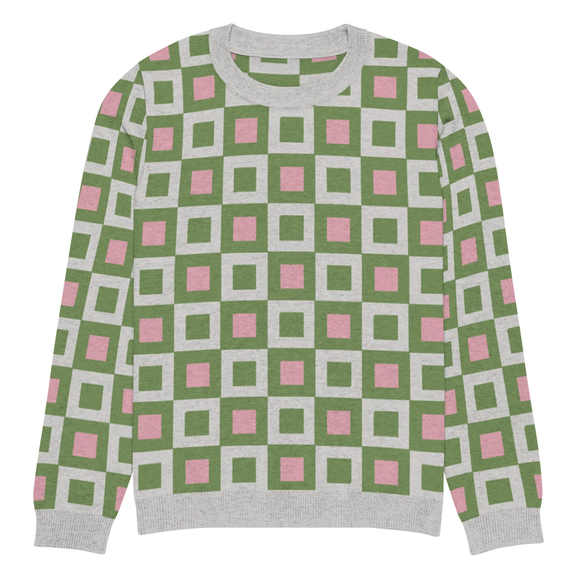 Go Blox in Green and Pink Geometric Knitted Crewneck Sweater