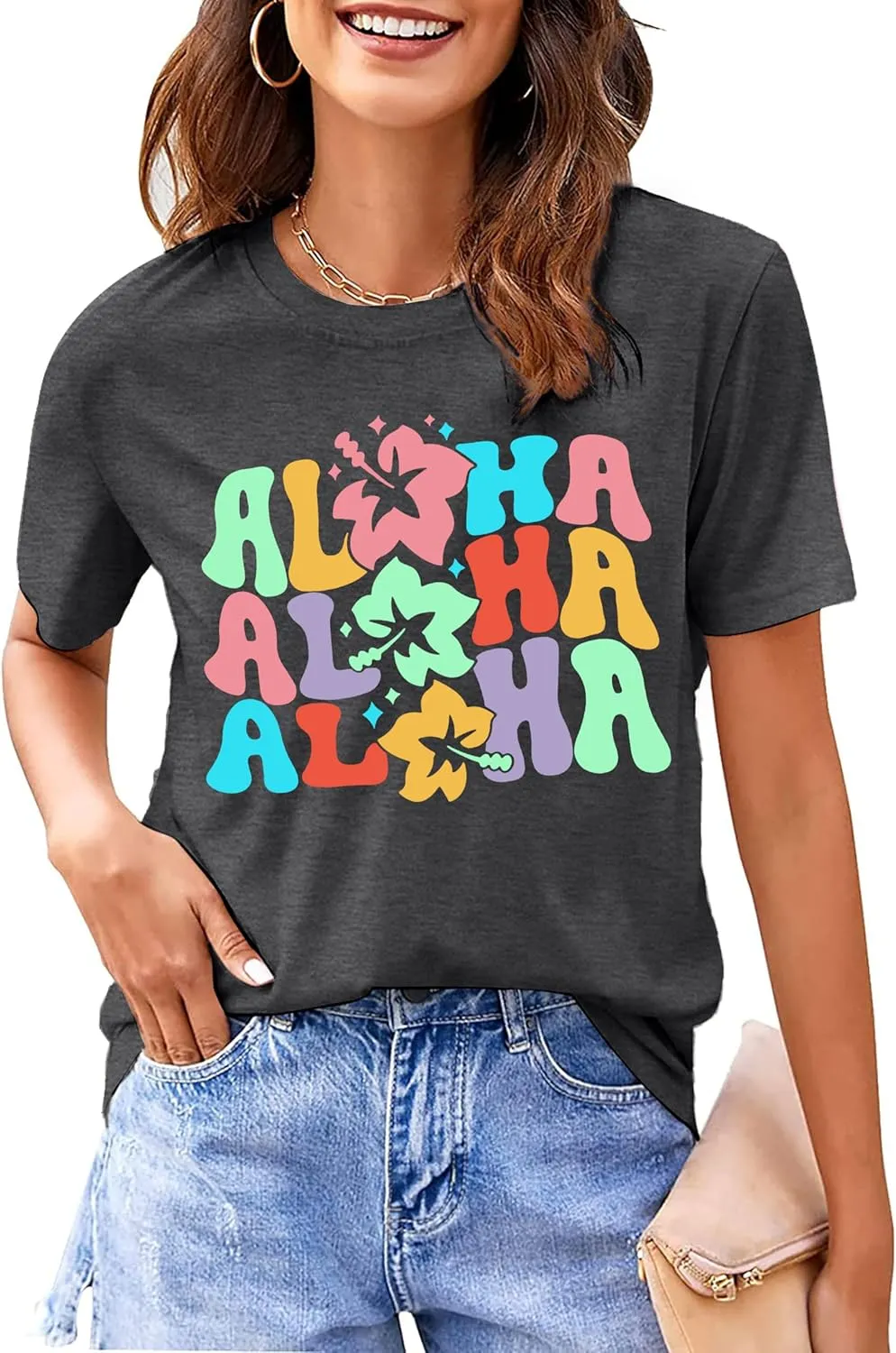 hohololo Hawaiian Shirts for Women Aloha Flower Shirt Ohana Means Family Tee Summer Beach Hawaii Trip Shirt