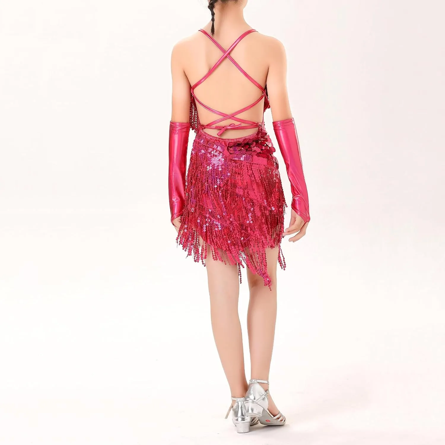 IWEMEK Latin Dance Dress for Girls 20s Flapper Dresses Sparkly Sequin Tassels 1920s Kids Fringe Flapper Dresses with Gloves