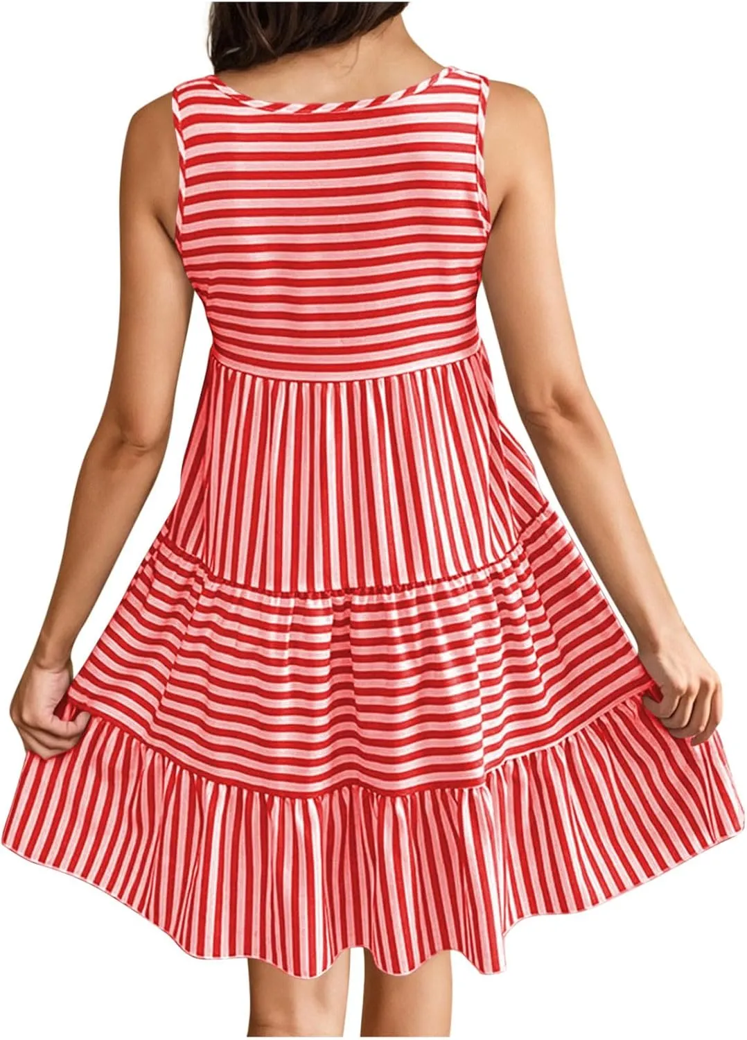 JOAU Women's Summer Boho Striped Print Mini Tank Dress Beach Vacation Casual Sleeveless Tiered Ruffle Swing A Line Sundress